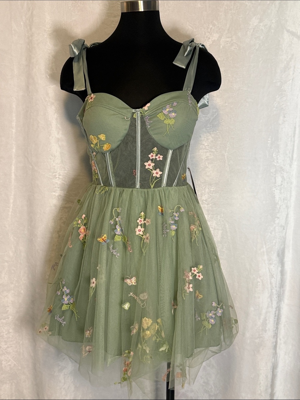 Sleeveless Sage Green Floral Embroidered Tulle Dress